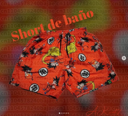 Short de bain rouge orangé Dragon Ball - Goku et petits emblèmes