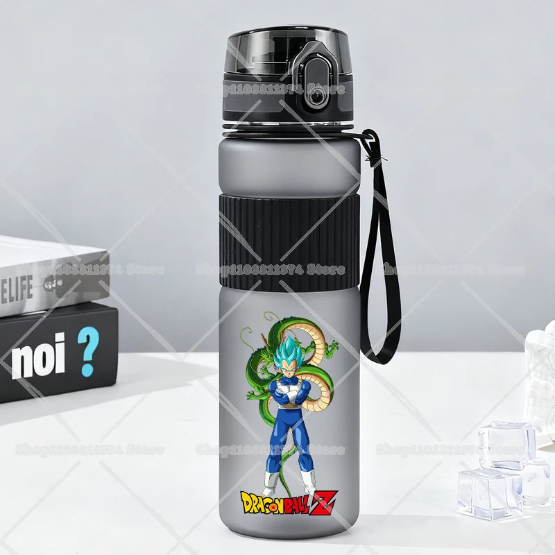 Gray water bottle with strap Dragon Ball - Goku child with Shenron