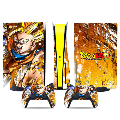 Vinilo PS5 y mandos Dragon Ball - Goku Super Saiyan sobre fondo dorado