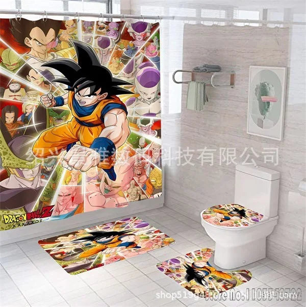 Ensemble rideau de douche et tapis Dragon Ball - Goku au combat et portraits des héros