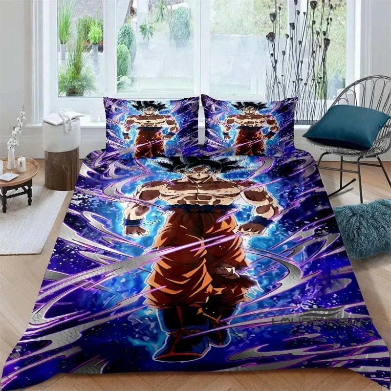 Housse de couette violette Dragon Ball - Goku Ultra Instinct et rayons lumineux