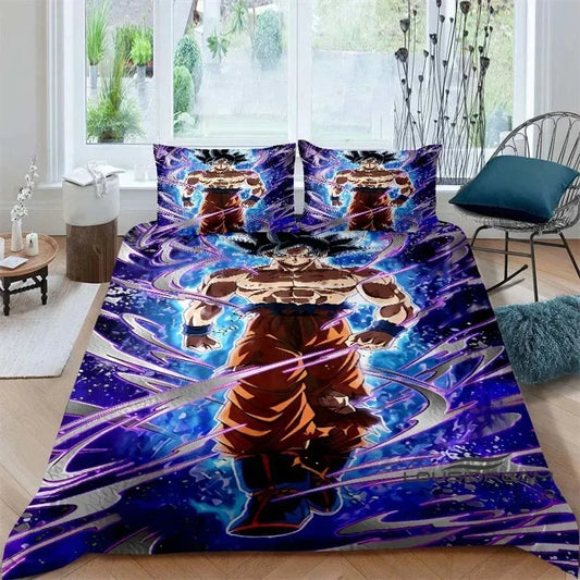 Housse de couette violette Dragon Ball - Goku Ultra Instinct et rayons lumineux