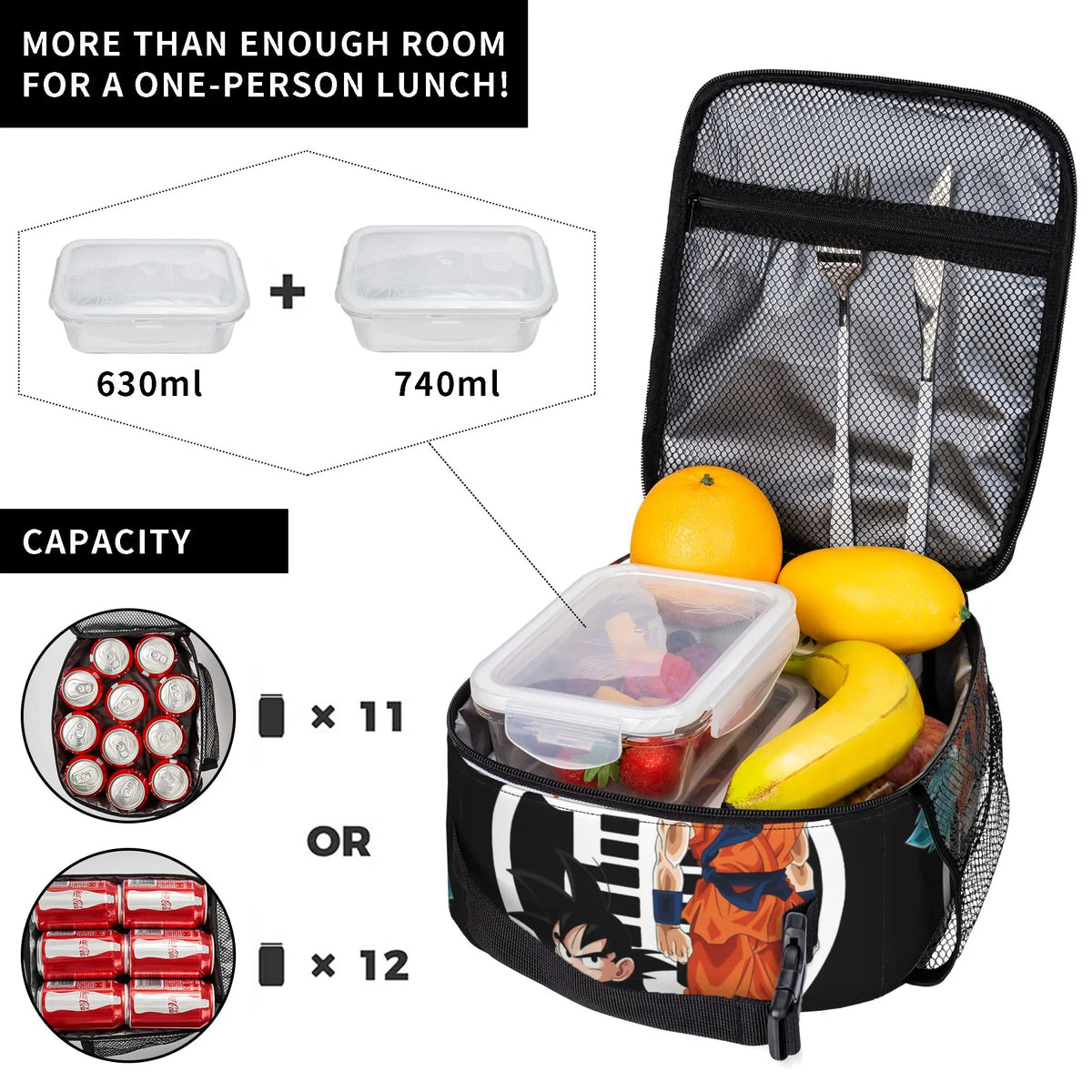 Sac repas noir Dragon Ball - Goku enfant Goku Blue et kanji Kame