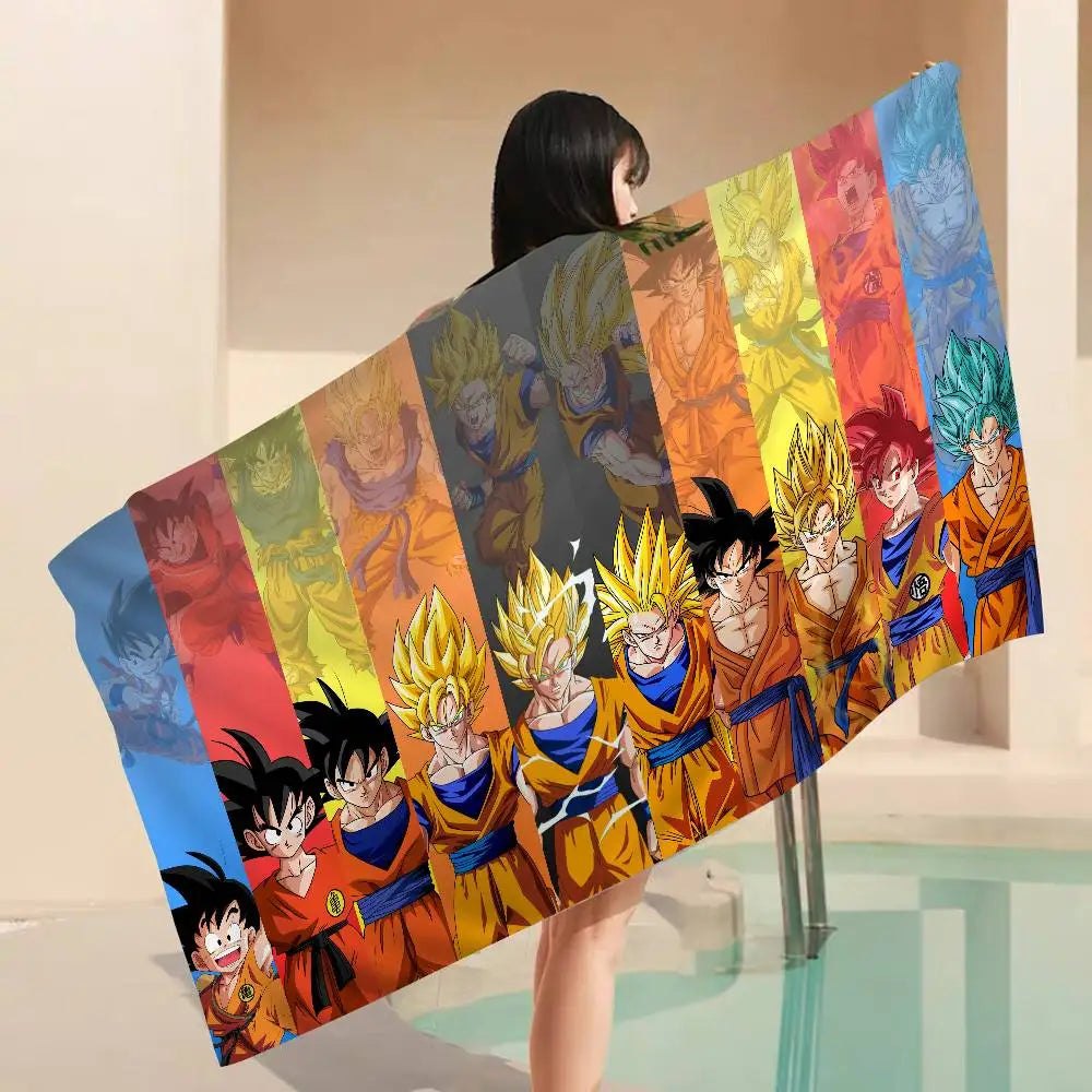 Serviette de plage bleue Dragon Ball - Goku et ses amis sur Shenron