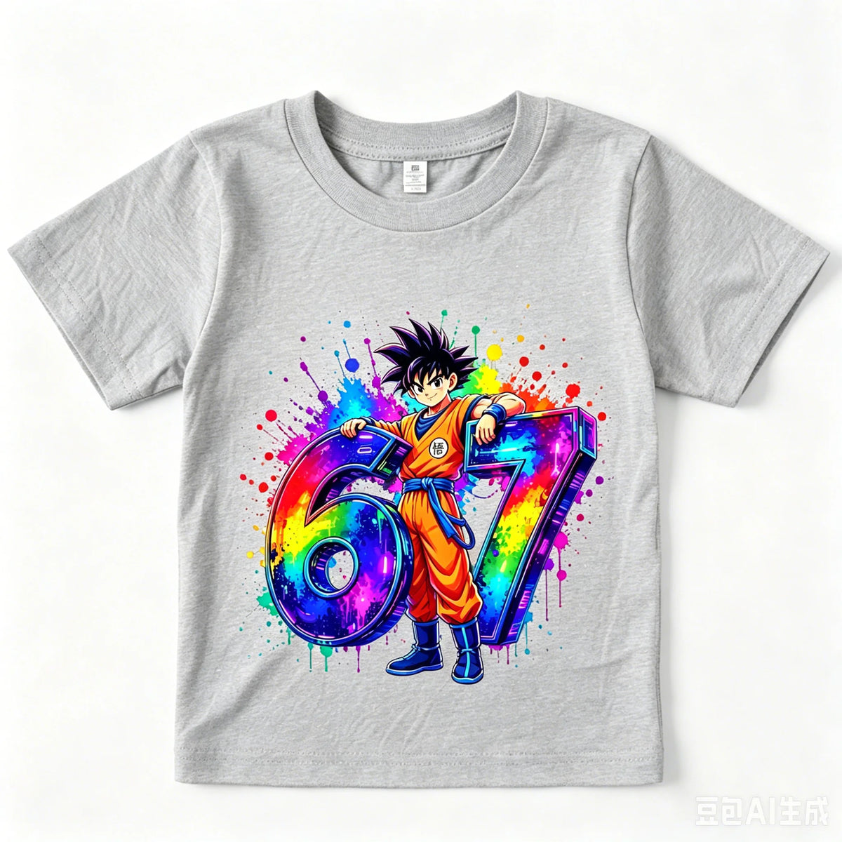 T-shirt gris foncé pour enfant Dragon Ball Goku et chiffre 67 multicolore