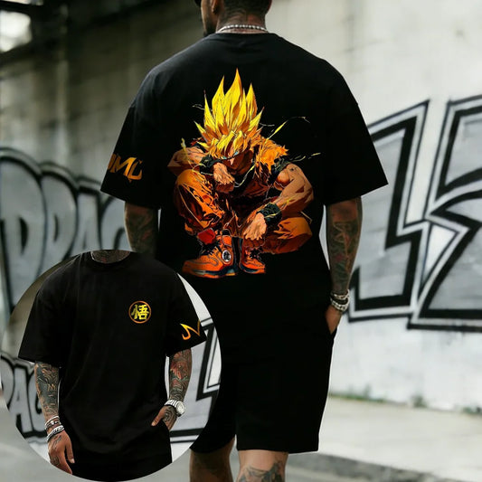 T-shirt nero Dragon Ball Goku Super Saiyan accovacciato e aura arancione
