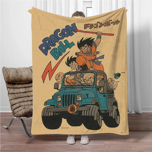 Plaid beige Dragon Ball - Goku e i suoi amici in jeep blu