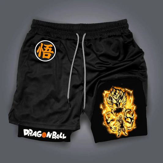 Short double couche noir Dragon Ball - Goku Super Saiyan en silhouette dorée