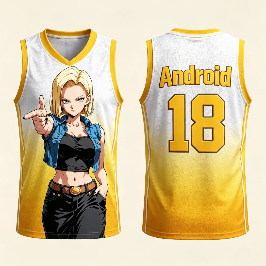 Dragon Ball Basketballtrikot - C18 weiß und gelb