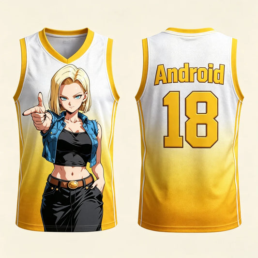Maillot de basket Dragon Ball - C18 blanc et jaune