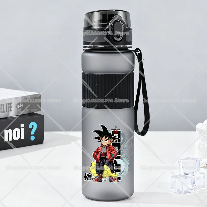 Gray water bottle with strap Dragon Ball - Goku child with Shenron