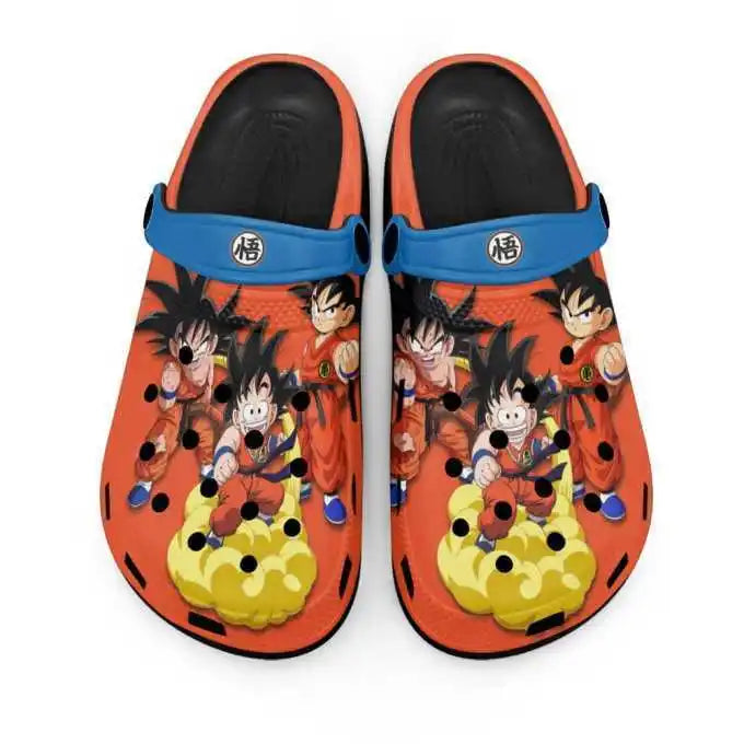 Sabots rouge orangé à brides bleues Dragon Ball - Goku enfant et nuage jaune