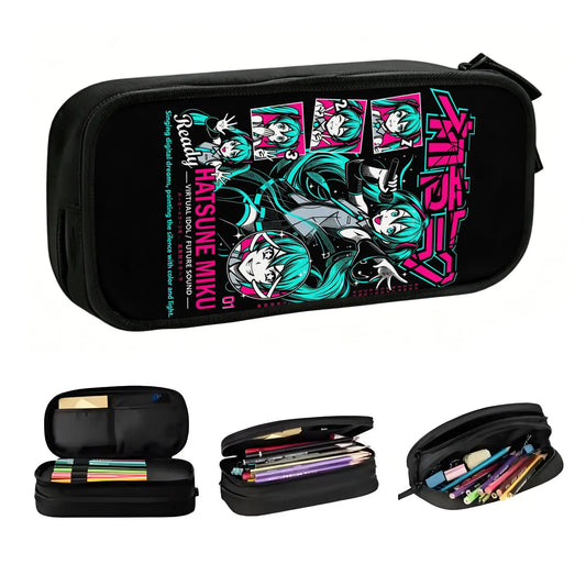 Trousse noire Vocaloid - Hatsune Miku en cases roses et vertes