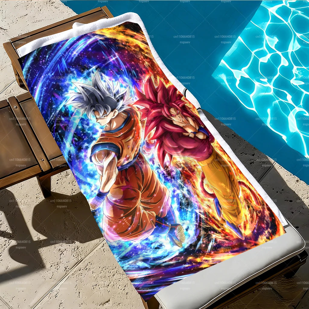Toalla de playa roja y azul Dragon Ball - Goku Ultra Instinto y Super Saiyan 4