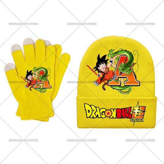 Ensemble bonnet et gants jaunes pour enfant Dragon Ball - Goku Shenron et lettre A