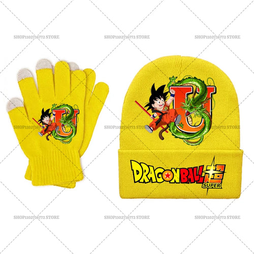 Yellow Dragon Ball hat and gloves set for children with Goku, Shenron and the letter U