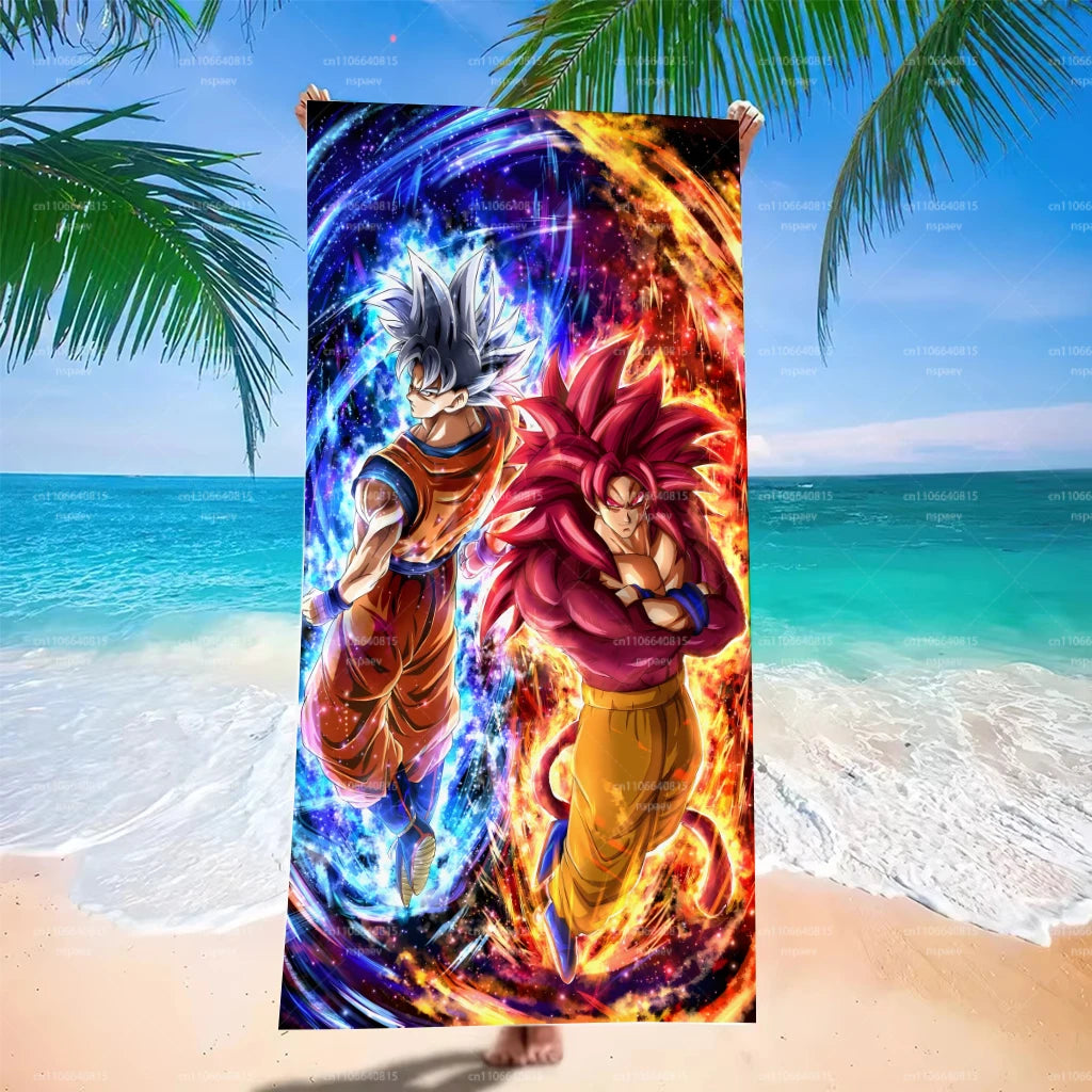 Toalla de playa roja y azul Dragon Ball - Goku Ultra Instinto y Super Saiyan 4