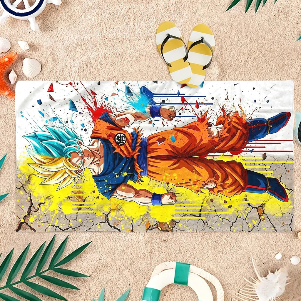 Dragon Ball White Beach Handtuch - Goku Super Saiyan und Blue in geteilter Silhouette