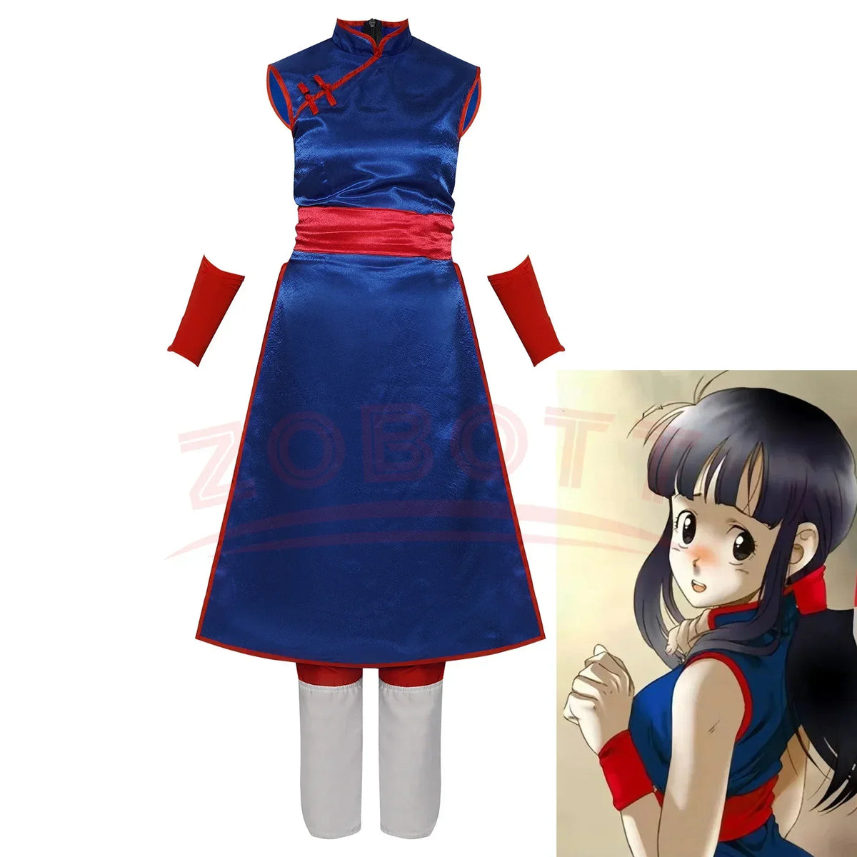 Blaues Dragon Ball Kostüm - Chichi mit rotem Gürtel