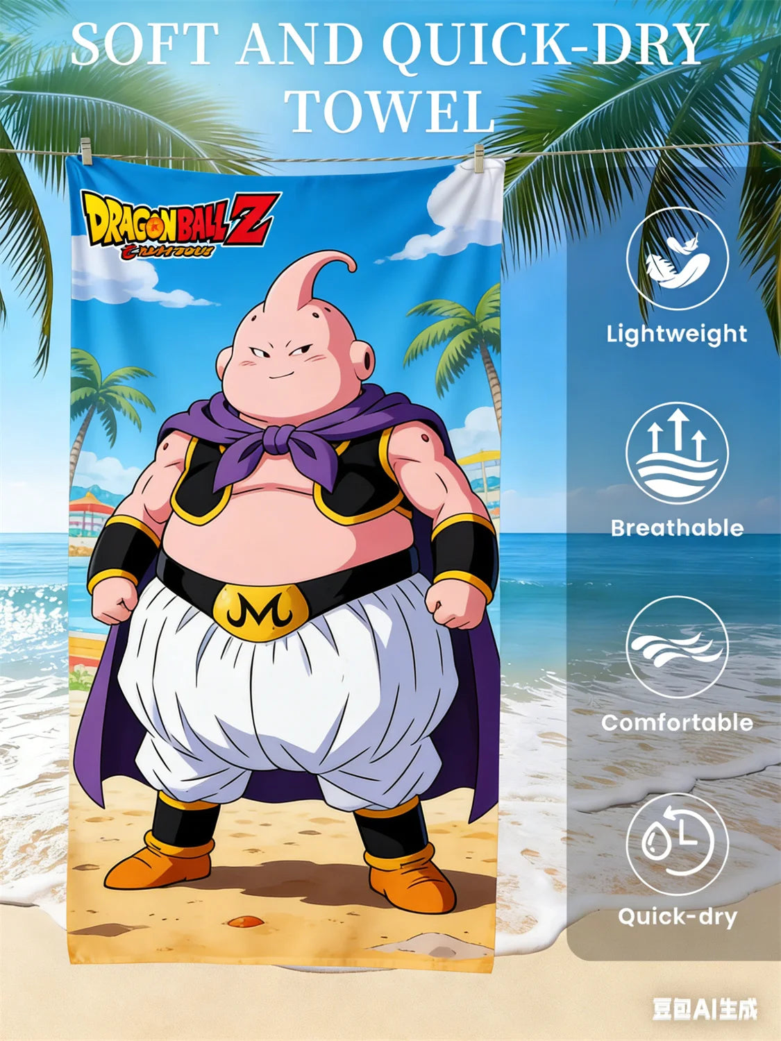 Toalla de playa Dragon Ball - Majin Buu con capa violeta