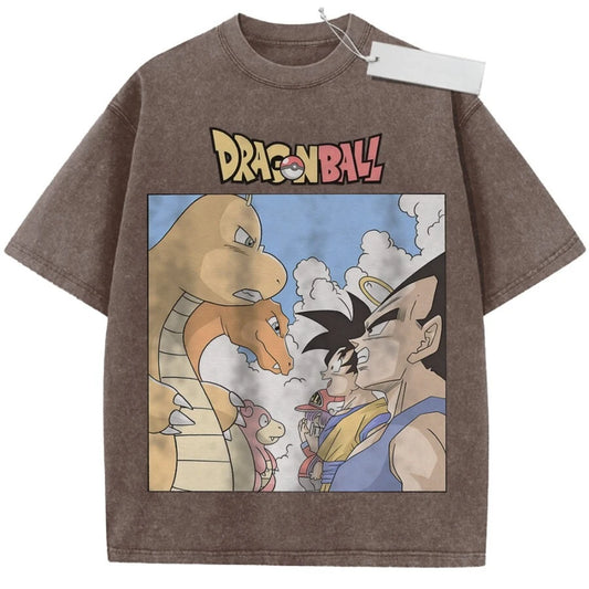 T-shirt brun Dragon Ball Goku Vegeta et dragon orange