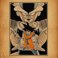 Goku facing Frieza's portrait