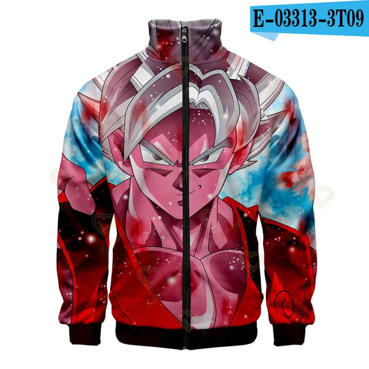 Veste zippée rouge et bleue Dragon Ball - Goku Ultra Instinct en gros plan