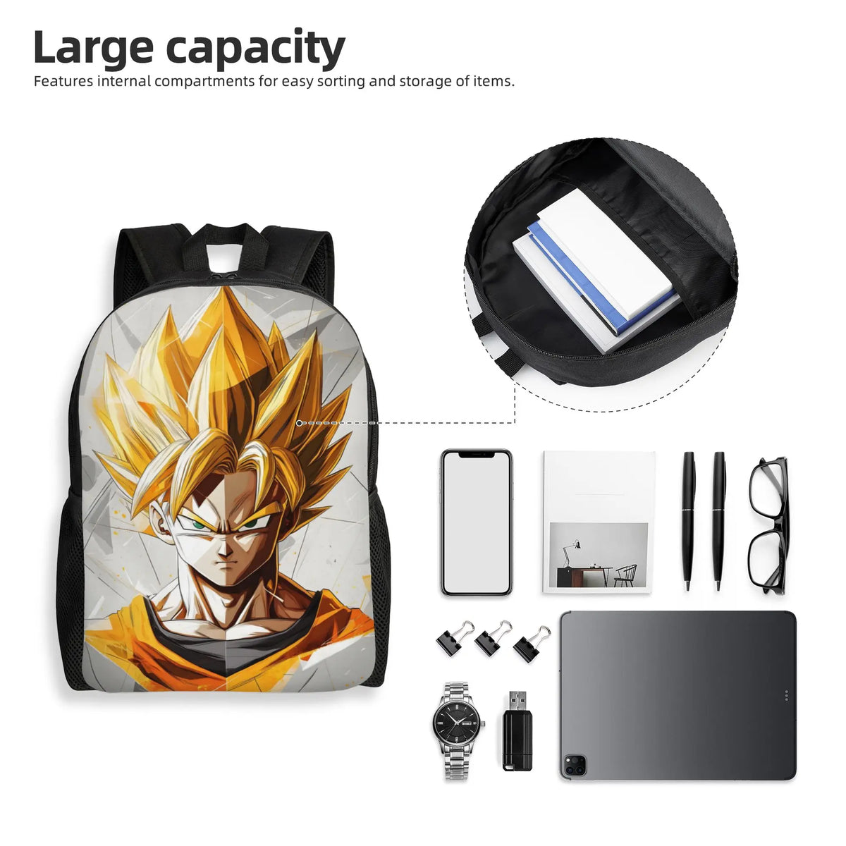 Sac à dos blanc et doré Dragon Ball - Goku Super Saiyan en portrait