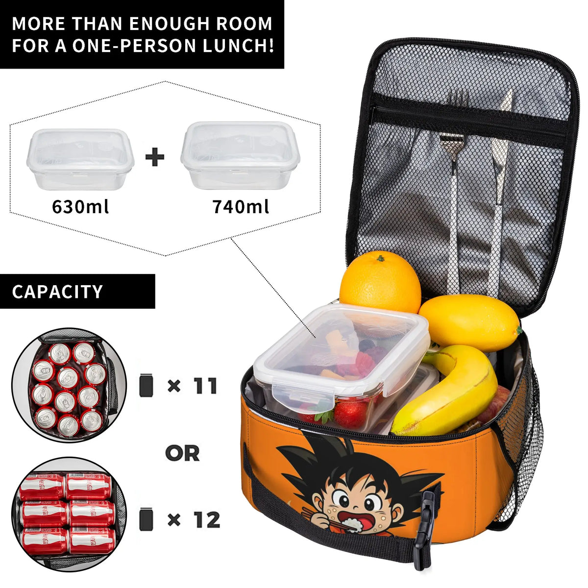 Bolsa de almuerzo naranja Dragon Ball - Goku de niño comiendo un tazón de arroz