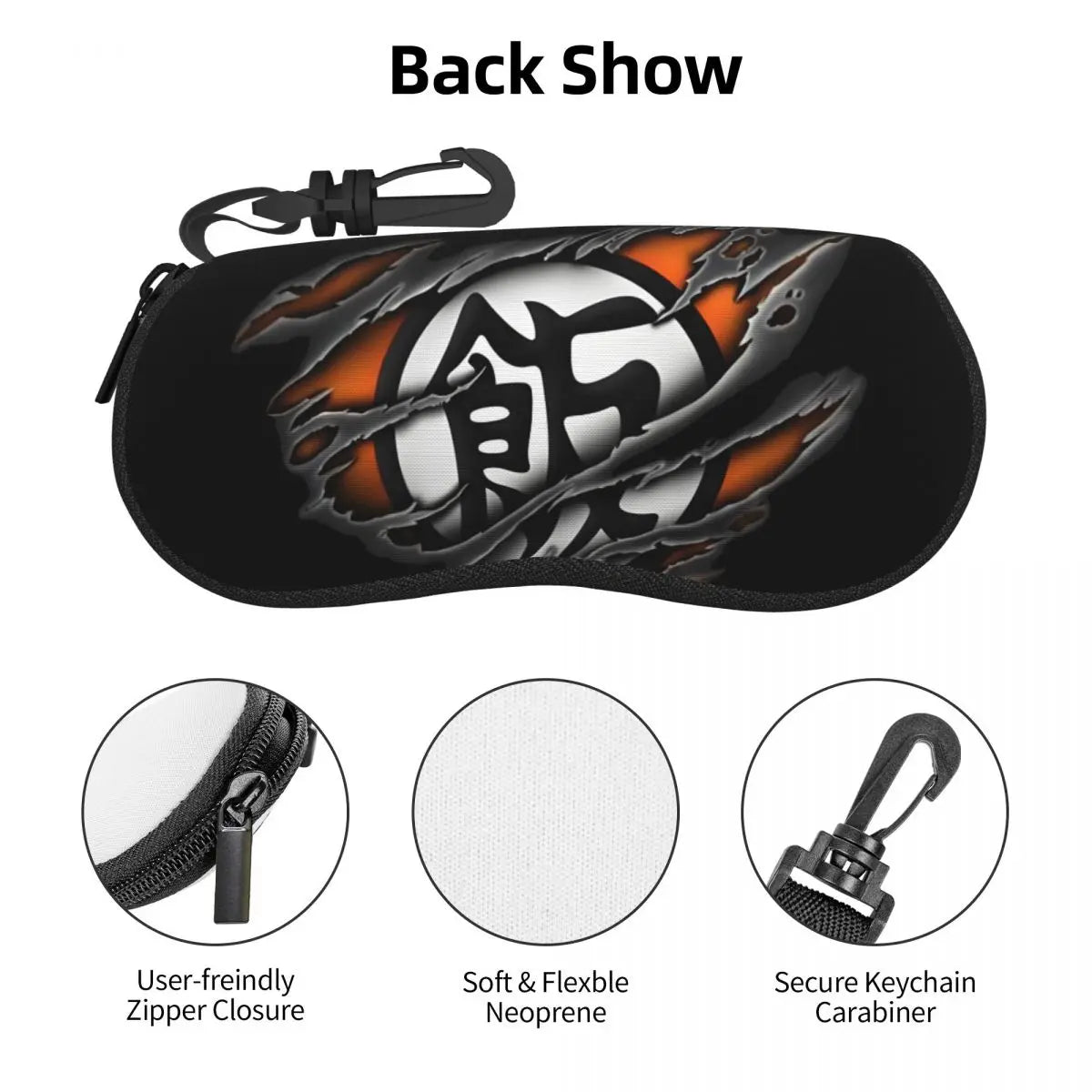 Dragon Ball black glasses case - Go kanji on orange scratches