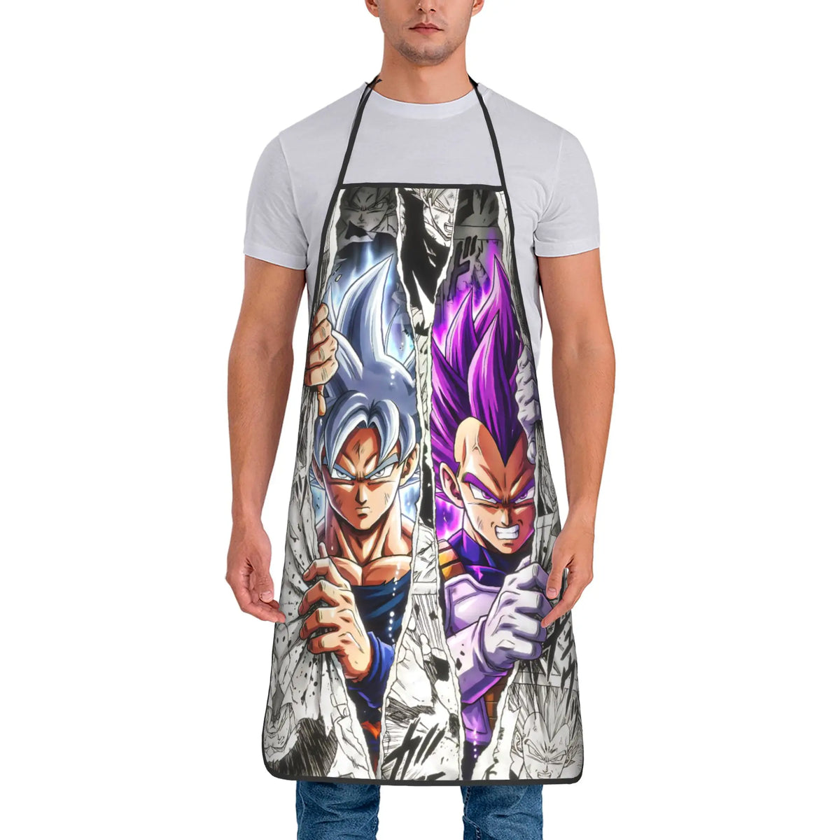 Tablier de cuisine noir et blanc Dragon Ball - Goku et transformations en manga