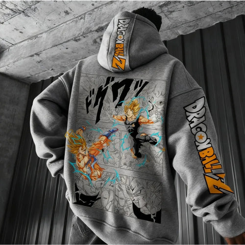 Sudadera con capucha gris Dragon Ball - Goku contra Majin Vegeta en manga