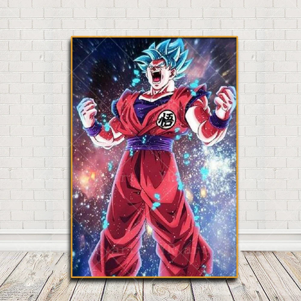 Poster vertical Dragon Ball - Goku Blue en tenue rouge et cri de combat