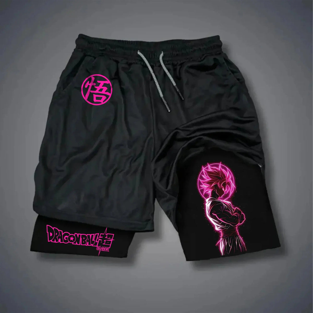 Schwarze Sportshorts Dragon Ball - Schwarz Goku Rose und rosa Kanji
