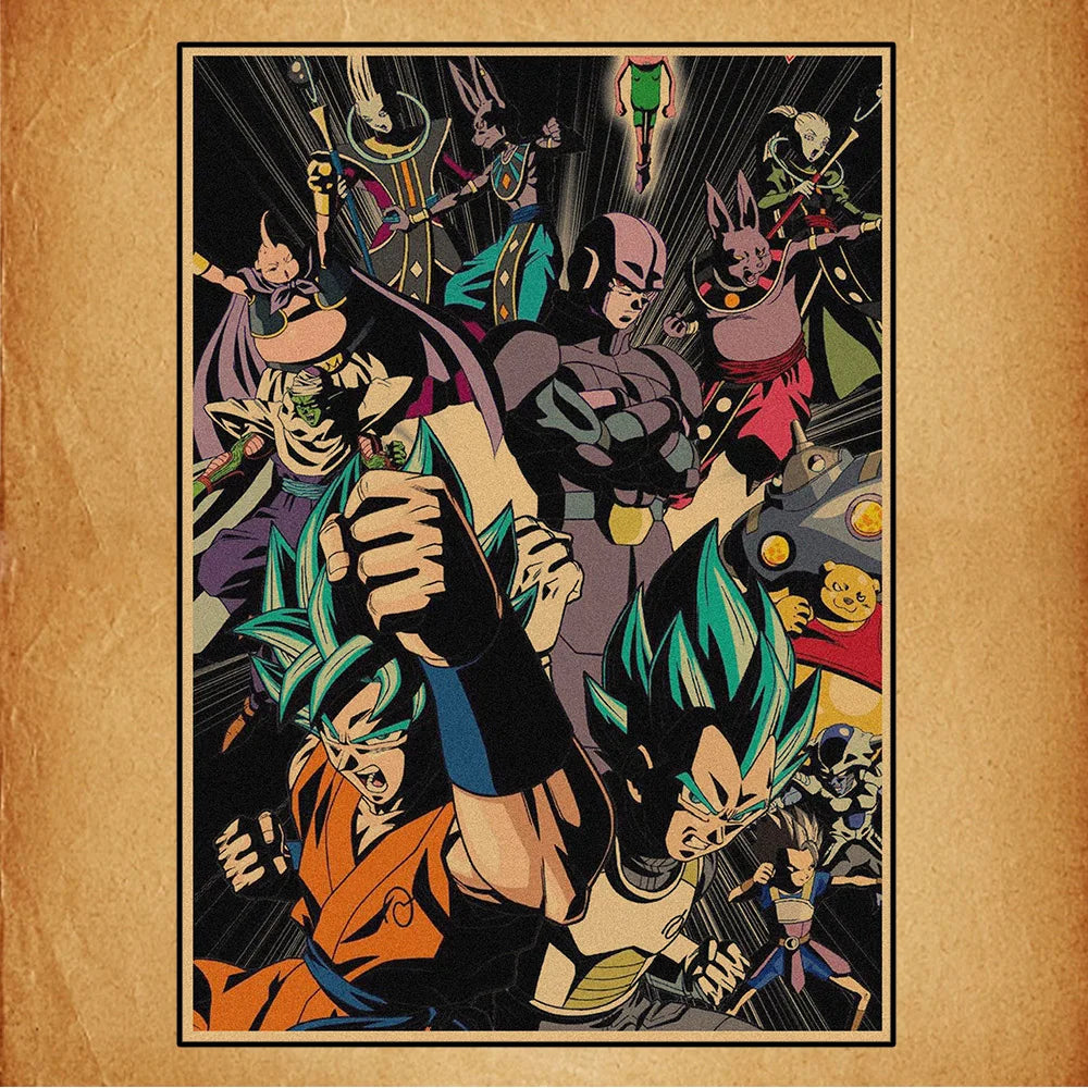 Poster rétro Dragon Ball - Saiyans et adversaires sur fond noir