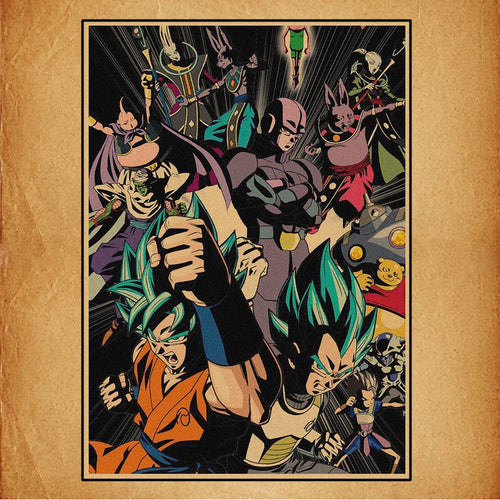 Poster rétro Dragon Ball - Saiyans et adversaires sur fond noir