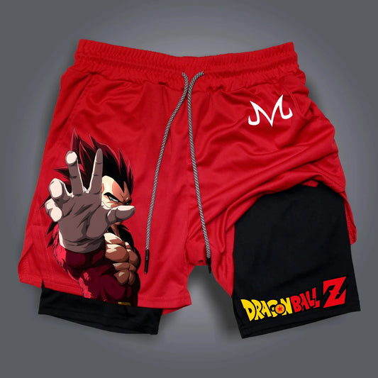 Short double couche rouge Dragon Ball - Vegeta au bras tendu et symbole Majin