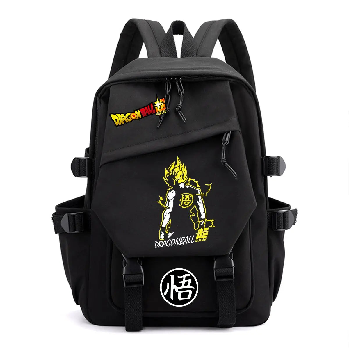 Black multi-pocket backpack Dragon Ball silhouette of Goku child and kanji Go