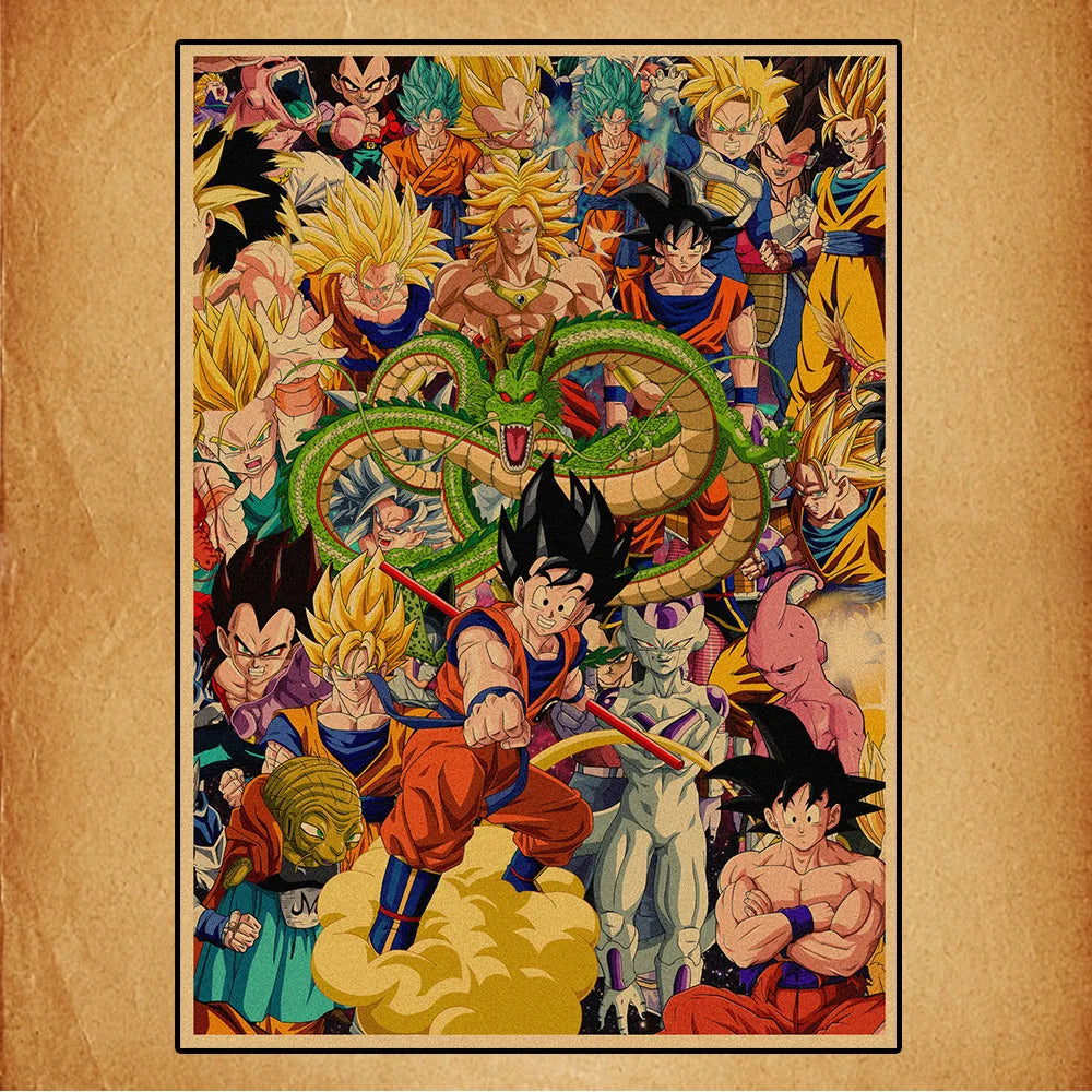 Poster retrò multicolore Dragon Ball - Shenron al centro dei personaggi