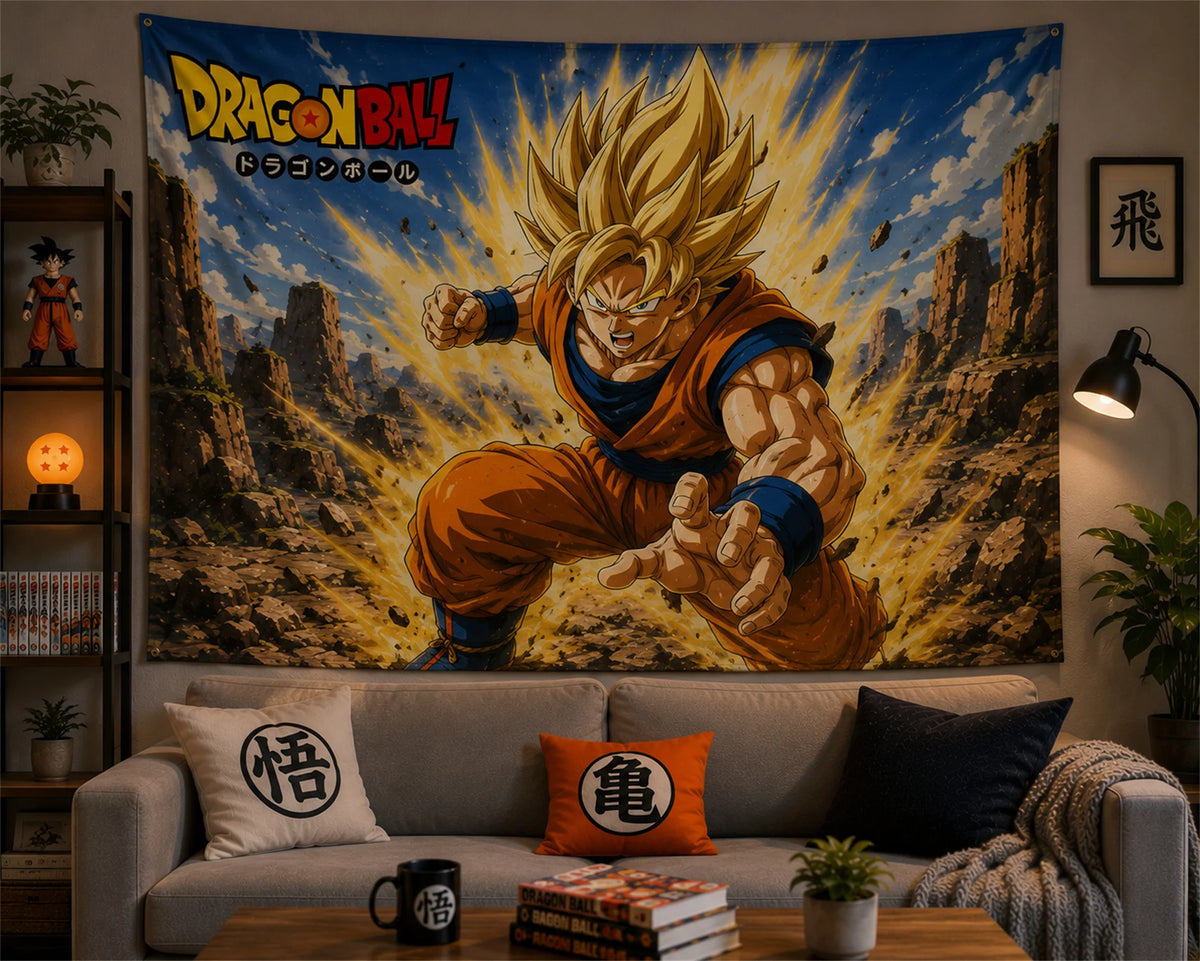 Tapiz de pared Dragon Ball - Goku Super Saiyajin Kamehameha dorado
