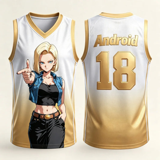 Maillot de basket Dragon Ball - C18 blanc et doré