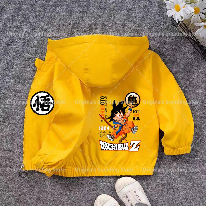 Veste à capuche jaune pour enfant Dragon Ball - Goku enfant et kanjis