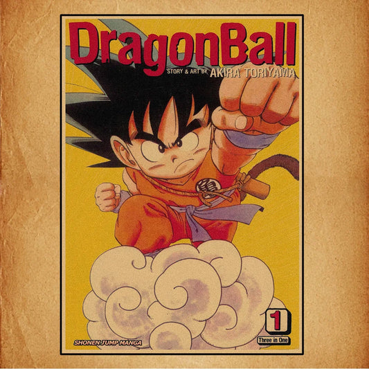Affiche rétro jaune Dragon Ball - Goku enfant brandissant son poing sur le nuage
