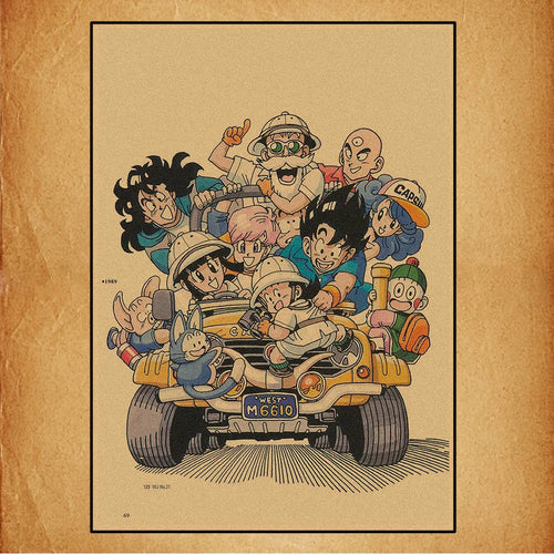 Poster rétro Dragon Ball - Tortue Géniale et ses amis en voiture