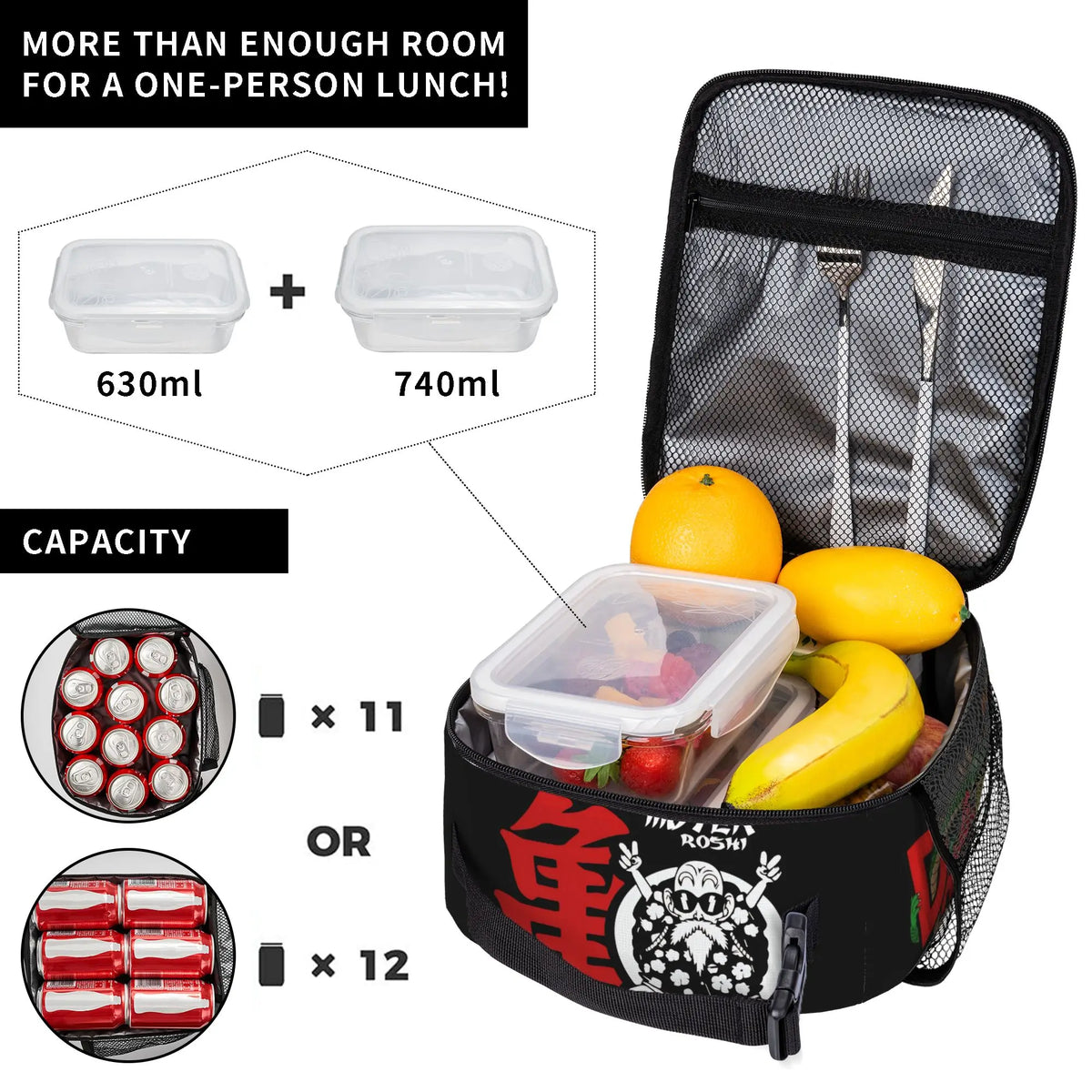 Bolsa de almuerzo negra Dragon Ball - escuela de la Tortuga y kanji Kame rojo