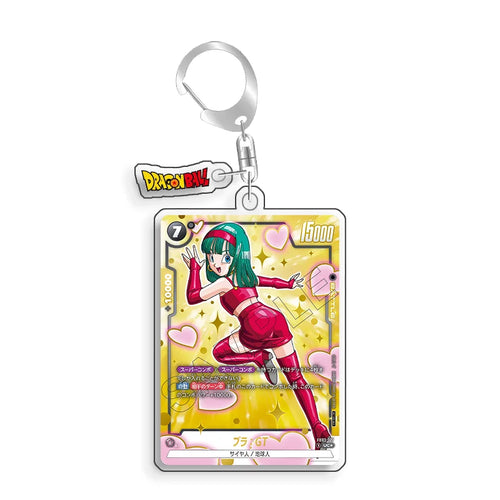 Portachiavi card Dragon Ball Bra GT in tenuta rossa su sfondo di cuori