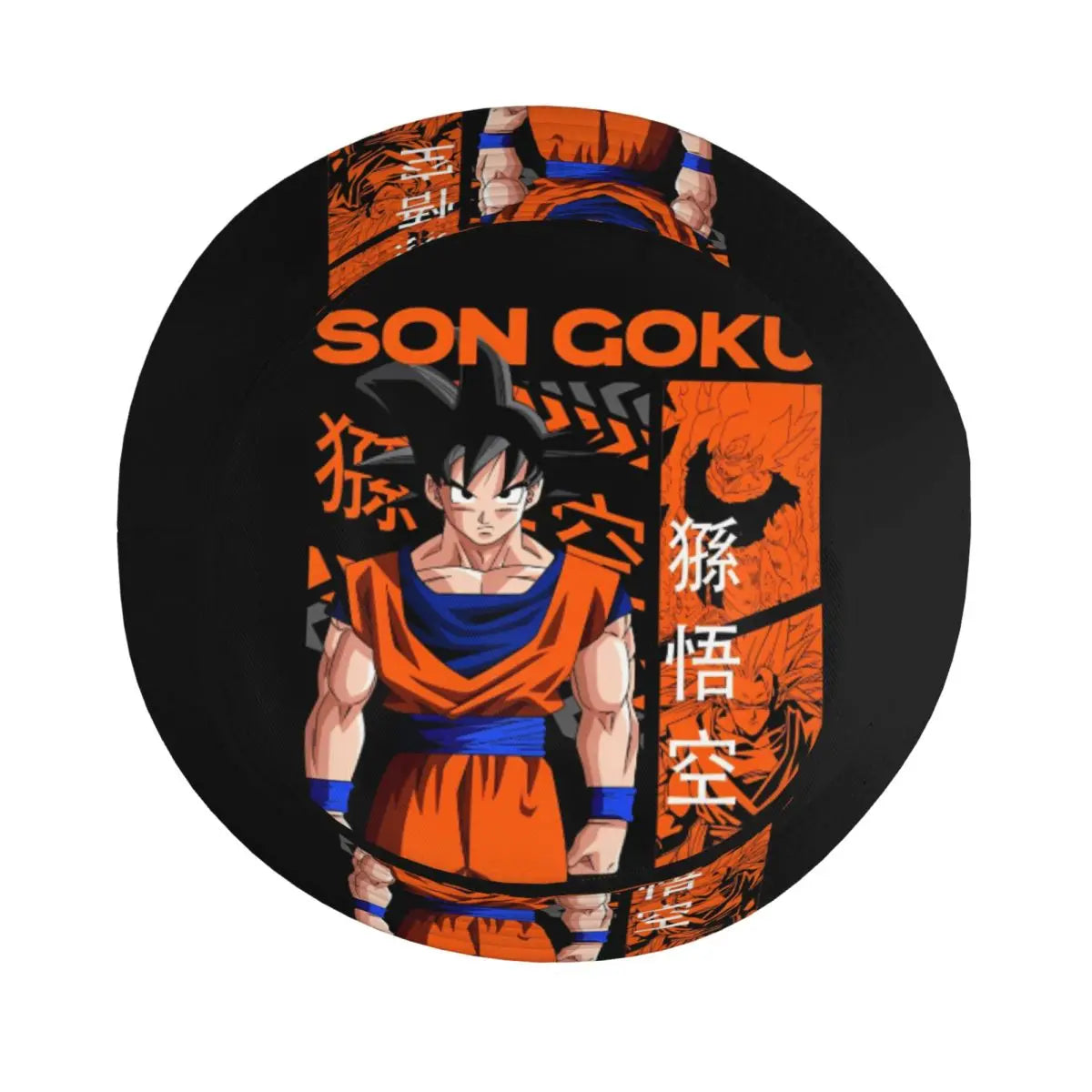 Gorro de pescador negro y naranja Dragon Ball - Goku de pie e inscripciones japonesas