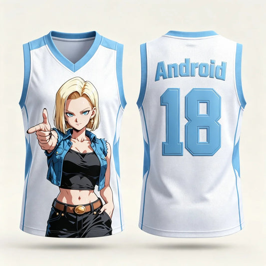 Débardeur de basket Dragon Ball - C18 blanc et bleu
