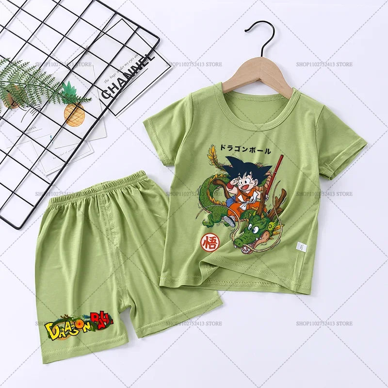 Short green pajamas for children Dragon Ball - Goku child and Shenron in Japanese illustration