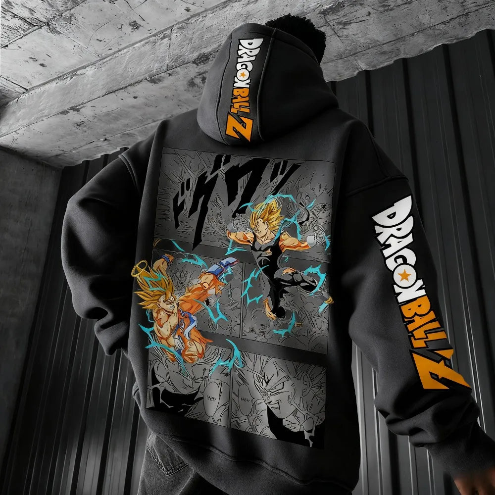 Sweat à capuche noir Dragon Ball - Goku contre Majin Vegeta sur fond gris